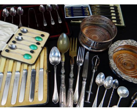 ASSORTED SILVER &amp; PLATED FLATWARE AND CUTLERY, including boxed set six guilloche enamel coffee bean spoons, boxed half se