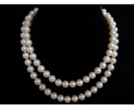 CULTURED PEARL SINGLE STRAND NECKLACE, with 14ct diamond clasp, pearls approximately 7mms diameter, gross weight 55.2gms, 90c