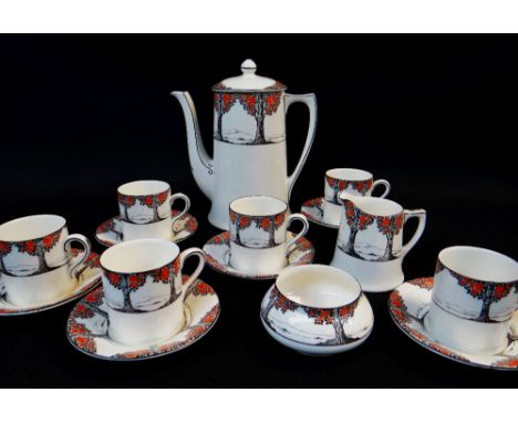 CROWN DUCAL ART DECO BONE CHINA COFFEE SET FOR SIX, pattern 'A1211', black printed and red enamelled orange tree design (15);