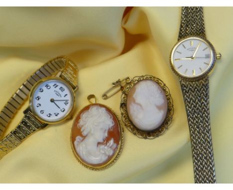 ASSORTED JEWELLERY &amp; WATCHES comprising 9ct gold set carved cameo brooch, carved cameo brooch in pierced setting and two 