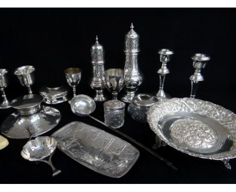 ASSORTED SILVER &amp; PLATE, including Elizabeth II silver candlesticks (loaded), 14cms high, Greek 925 sterling silver embos