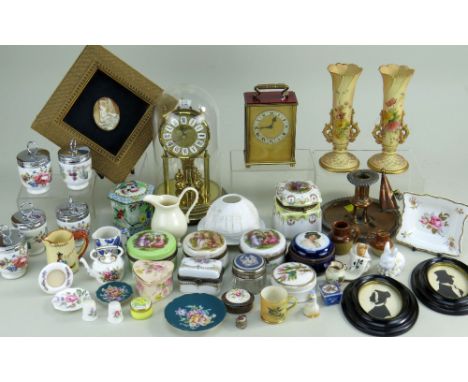 ASSORTED CERAMICS &amp; CLOCKS, including continental trinket boxes, copper lustre, anniversary clock, pair of Royal Worceste