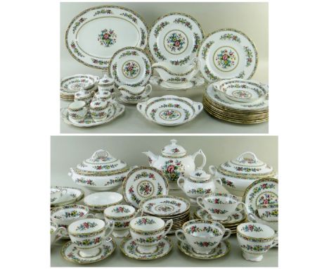 EXTENSIVE COALPORT 'MING ROSE' BONE CHINA MATCHED TEA &amp; DINNER WARES, including teapot, sucrier, slops bowl, two vegetabl