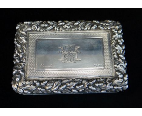 FINE VICTORIAN SILVER TABLE SNUFF BOX, London 1842 by Edward Edwards II, with engine turned sides, base and top with deeply c