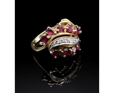 14K GOLD RUBY &amp; DIAMOND TRIPLE ROW RING, ring size L / M, 6.3gms