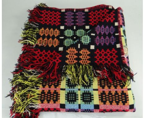 WELSH ALLTCAFAN TAPESTRY BLANKET, red, lemon, blue, black and cream, fringe and blanket stitched, brown/green label, 170 x 21