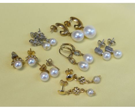 ASSORTED PEARL EARRINGS comprising seven pairs including diamond chip and 9ct gold 