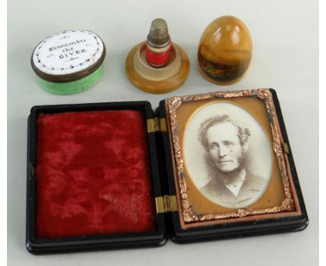 THREE SMALL ANTIQUE COLLECTIBLES, comprising SOUTH STAFFORDSHIRE ENAMEL PATCH BOX with mirrored lid with legend, 'Remember th