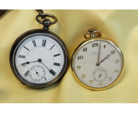 TWO SWISS POCKET WATCHES, gold plated slim open faced watch with silvered Arabic dial, lever movement dial signed by retailer