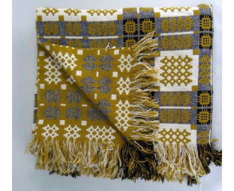 WELSH CWMLLWCHWR TAPESTRY BLANKET, mustard, cream and black, fringed with green label, 185 x 234cms Condition: minor fading