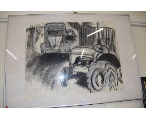 Charcoal study of a 2CV and a tractor by Clare Meade, 1988, framed and glazed