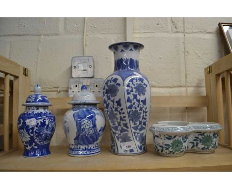 Mixed Lot: Blue and white ginger jars, blue and white vase and a trefoil style planter