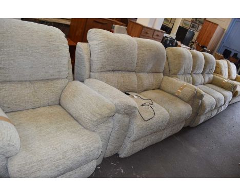 Beige textured chenille three piece suite consisting of three seater sofa, two seaater sofa and an armchair