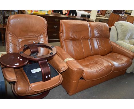 Tan two piece recliner sofa and similar armchair with matching footstool