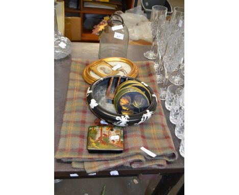 Mixed Lot: Black and white dish, papier mache trinket box, oval portrait miniature, glass bell, dog blanket etc