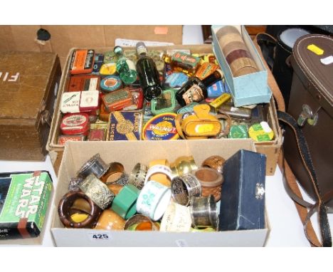 TWO BOXES OF COLLECTABLES, to include napkin rings, (ceramic, metal, wooden etc), miniature 'Hit' camera, various miniature t