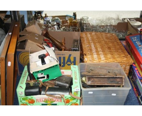 THREE BOXES OF COLLECTABLES AND SUNDRIES, including cameras, cast iron doorstops, wicker picnic hamper and two paintings (6)