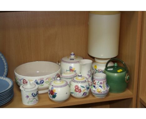VARIOUS POOLE POTTERY ITEMS, table lamp, biscuit barrels, preserve pots, bowl etc (10)