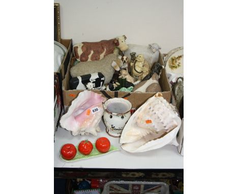 A CARLTON WARE TOMATO CRUET, (replacement salt), two shells, a candle and a box of mostly animals ornaments