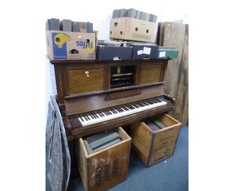 A MAHOGANY UPRIGHT PIANO, with fitted pianola, John Broadway & Sons, London and seven boxes of pianola rolls