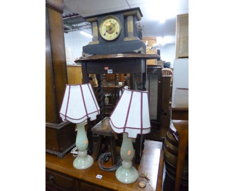 AN OAK OCCASIONAL TABLE, a pair of table lamps with shades, a mantel clock, a small stool and a mirror (key and pendulum) (6)
