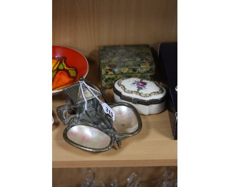 A NOVELTY BRASS AND MOTHER OF PEARL INKSTAND, a porcelain trinket box and brass cigarette box (3)