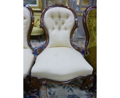 A VICTORIAN BUTTON BACK BEDROOM CHAIR, with cream upholstery