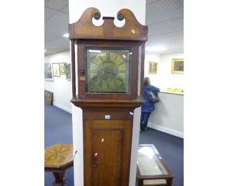 AN OAK AND MAHOGANY CASED LONGCASE CLOCK, thirty hour movement, 11' square brass face with pierced brass spandrels marked 'Th