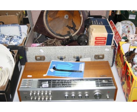 A PHILIPS 790 HI-FI AND A SUITCASE OF COLLECTABLES, including candlestick telephone (in need of restoration), cameras etc
