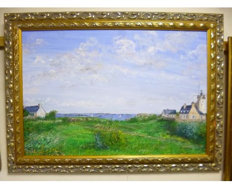 M T LAFORGE, SUMMER SEASCAPE, with cottage and lighthouse looking out to yachts in the bay, signed and dated 8 (19)98 lower r