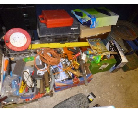 THREE BOXES AND TWO TOOL CRATES, containing a quantity of miscellaneous tools, etc