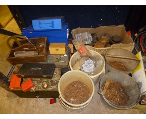A TIN TRUNK, four metal tool crates with contents, five buckets of nails, etc