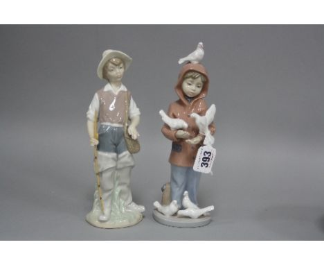 TWO LLADRO FIGURES, boy with birds, No.6129 and boy with fishing rod and basket (2)