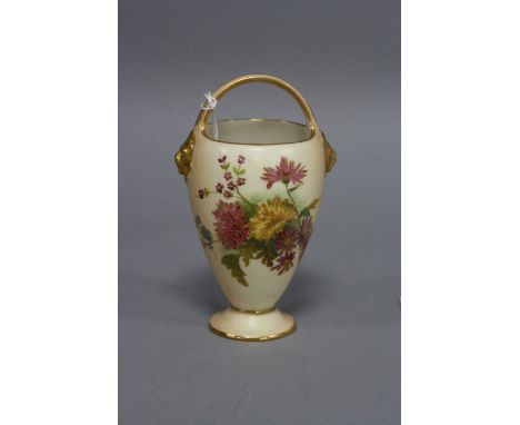 A SMALL ROYAL WORCESTER BLUSH IVORY BASKET, florally decorated, green factory mark, height approximately 13cm