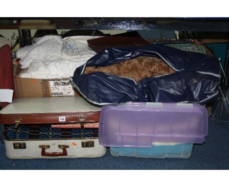 FOUR BOXES OF TEXTILES AND COSTUME, etc, including table linen, bags, coat etc