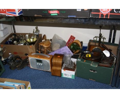 A QUANTITY OF TROPHIES, METALWARES, VINTAGE KEYS, VICTORIAN BOOKSLIDE, MANTEL CLOCK, etc