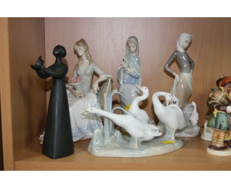 FIVE VARIOUS FIGURES/GROUPS, to include Lladro figure of young girl with duck at milk pail, Lladro geese group, No.4549, Llad