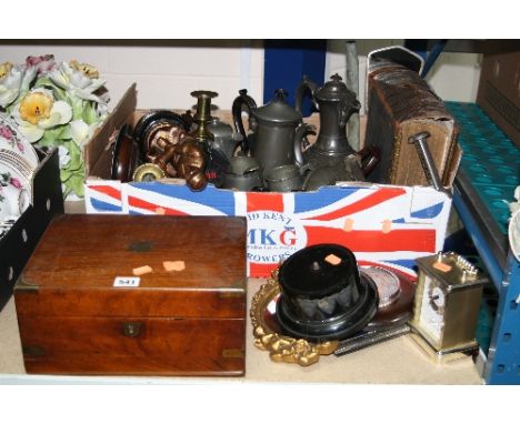 A VICTORIAN WALNUT BOX, a box of metalware and collectables, trophy stand, barometer, Quartz clock etc