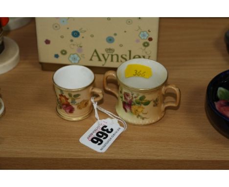 TWO MINIATURE ROYAL WORCESTER BLUSH IVORY ITEMS, to include tankard and loving cup, florally painted (2)