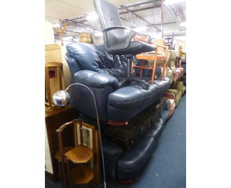 A MODERN ARMCHAIR, an office swivel chair, chrome uplighter, three pictures and a table lamp with shade (7)