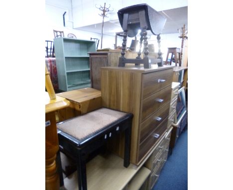 A SMALL OAK DROP LEAF OCCASIONAL TABLE, and a piano stool (2)