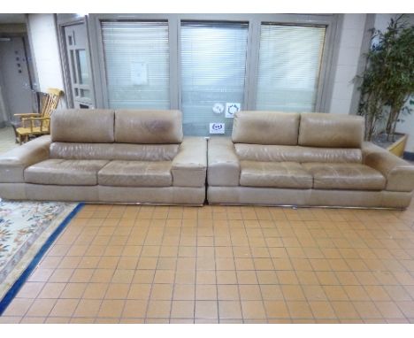 A PAIR OF PALE BROWN LEATHER SOFAS, with adjustable back rests, 'Maxdivani Hand Made in Italy' labels to both sofa's, approxi