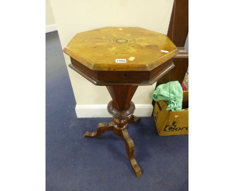 A VICTORIAN WALNUT INLAID TRUMPET SEWING BOX/TABLE, on tripod support (sd), approximate height 74cm (s.d.)