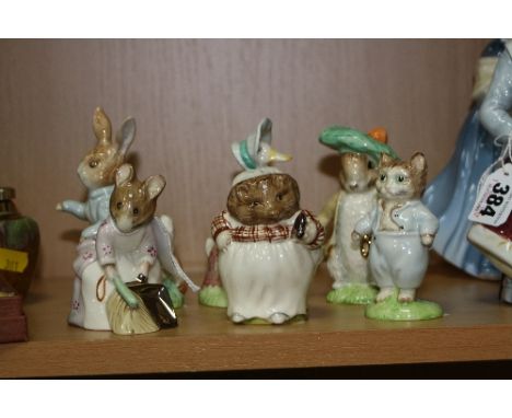 SIX BESWICK WARE BEATRIX POTTER FIGURES, BP-9b, 'Benjamin Bunny', 'Hunca Munca Sweeping', 'Jemima Puddle-Duck', 'Mrs Tiggy-Wi