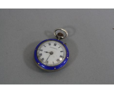 A LADIES SILVER AND ENAMEL FOB WATCH, marked Balmoral