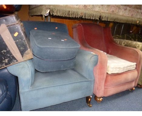 TWO UPHOLSTERED ARMCHAIRS, and a pouffe (3)