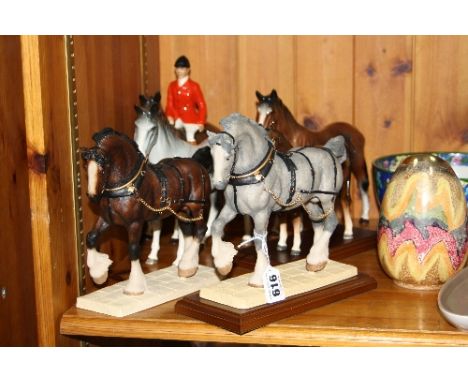 FOUR CERAMIC HORSE FIGURES, and two others resin by Cloudside Studios (6)