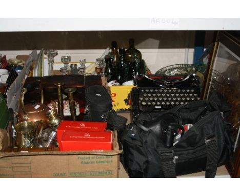 TWO BOXES OF GLASSWARES, METALWARES, PRINTS, CASED IMPERIAL TYPEWRITER, PENTAX CAMERA, etc