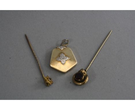 TWO STICK PINS, and a 9ct locket (3)