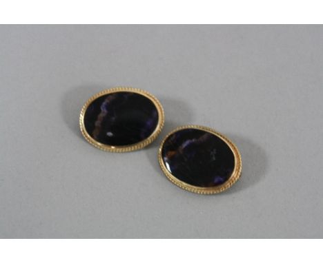 MODERN BROOCHES, a pair of 9ct gold Blue John brooches, oval cabochon cut Blue John stones measuring approximately 25mm x 18m